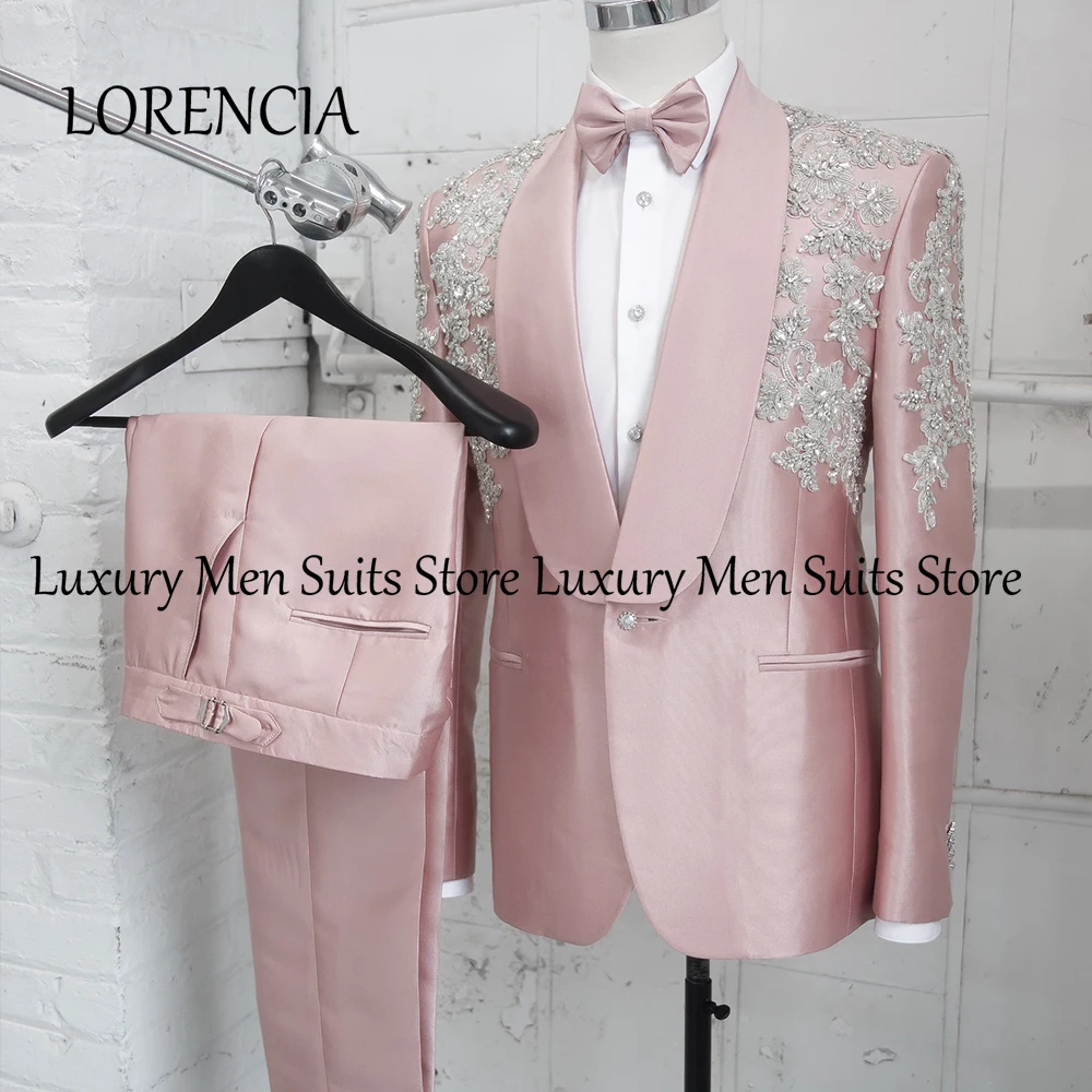 

Slim Fit Crystal Suits for Male 2 Piece Sparkly Rhinestone Groom Tuxedos Wedding Wear Customized Blazer Pants roupas masculinas
