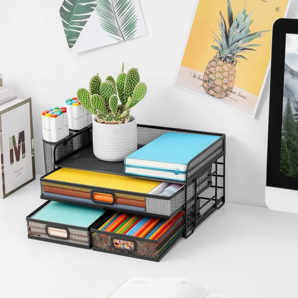 3 Tier Mesh Desk Organizer with Drawer, Multi-Functional Paper Letter Organizer with 2 Pen Holder for Home Office Supplies (Black)