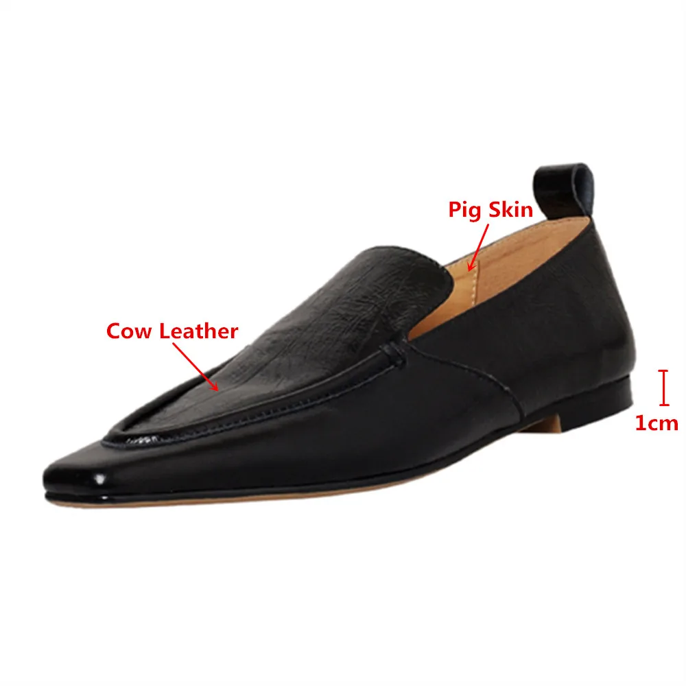 Aucegi Concise Women Genuine Cow Leather Slip On Loafers Casual Square Toe Black Flat Office Lady Spring Autumn Daily Life Shoes