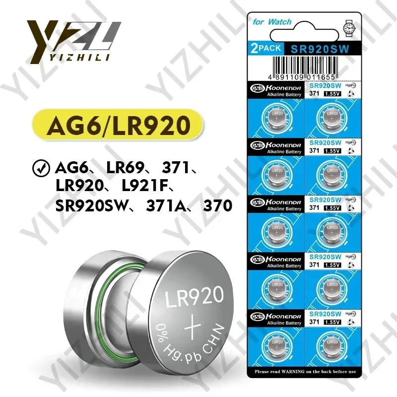 

10- 100PCS AG6 SR920sw Button Battery 1.55V 371 370 Lr69 171 LR920 SR69 SR920 Coin Cell for Watches Toys Alkaline Batteries