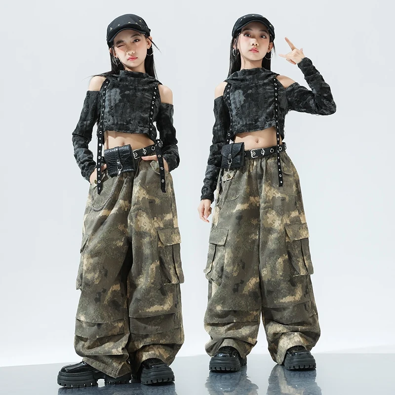 Jazz Dance Clothes Off Shoulder Long Sleeved Camouflage Pants Hip-hop Suit Street Dance Clothes Catwalk Show Costumes DQL9485