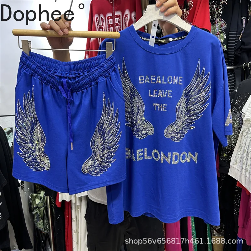 

Новые весенне-летние женские комплекты из двух предметов с буквами Hot Drilling Wings Свободная футболка с короткими рукавами Топ + широкие шорты с эластичной резинкой на талии