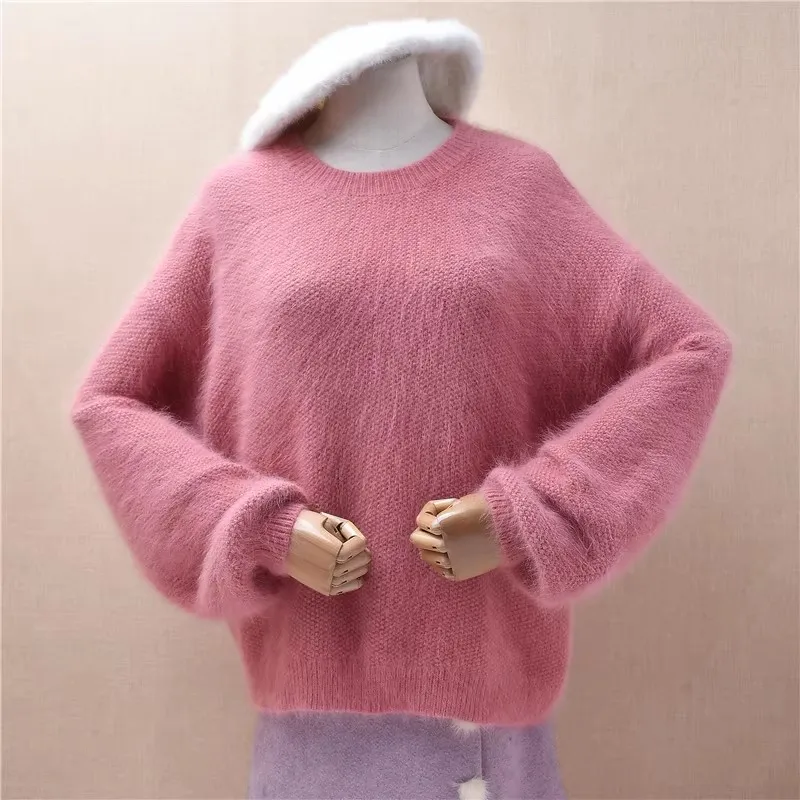 Frauen Mujer Herbst Winter Kleidung grün haarige Angora Kaninchen haar gestrickt O-Ausschnitt lange Ärmel lose Pullover Pullover Pullover ziehen