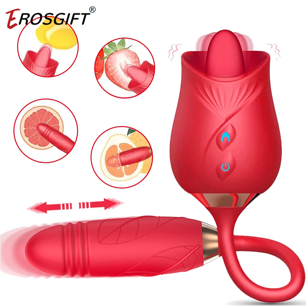 Double Head Telescopic Rose Vibrator For Women 2-In-1 Vagina G-Spot Tongue Licking Nipple Clitoris Stimulator Massager Sex Toys