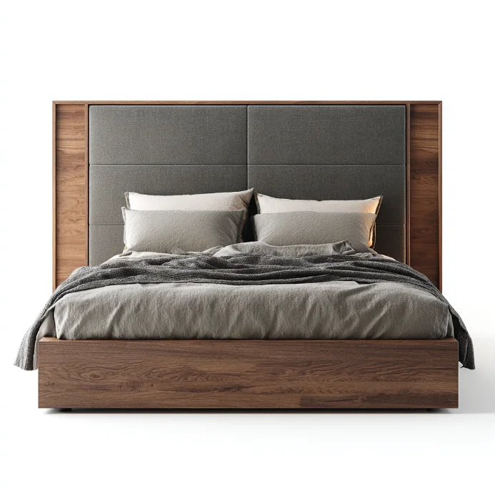 #Italian Design Solid Teak Wood Fabric King Bed With Convertible Storage Modern Simple Soft-Packed Backrest