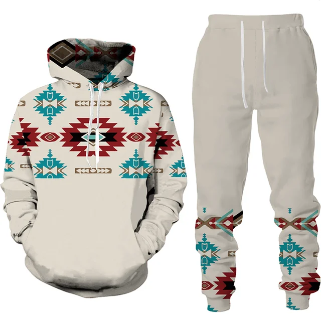 Men’s Hoodies Set Indian Style 3D Printed Man Tracksuit Sets Casual  Hoodie+Pants 2pcs Sets Oversized Autumn Retro Sweatshirt