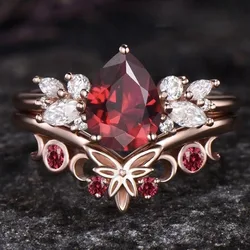 European and American Ins style butterfly shaped inlaid pigeon blood red zircon women's two-piece ring set