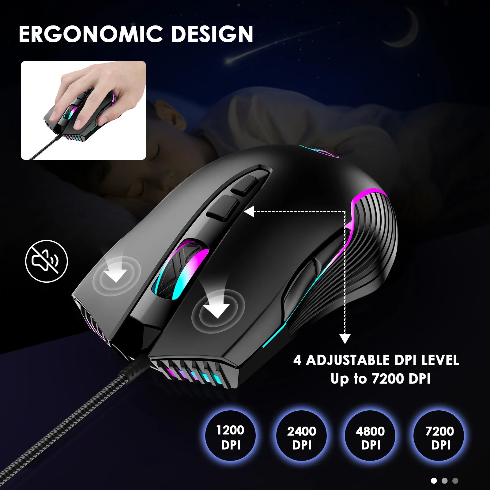 Wired Game Office Mouse RGB Light Effect 7200 Resolution Adjustable Compatible Type-C USB Plug And Play Office Use Play Game