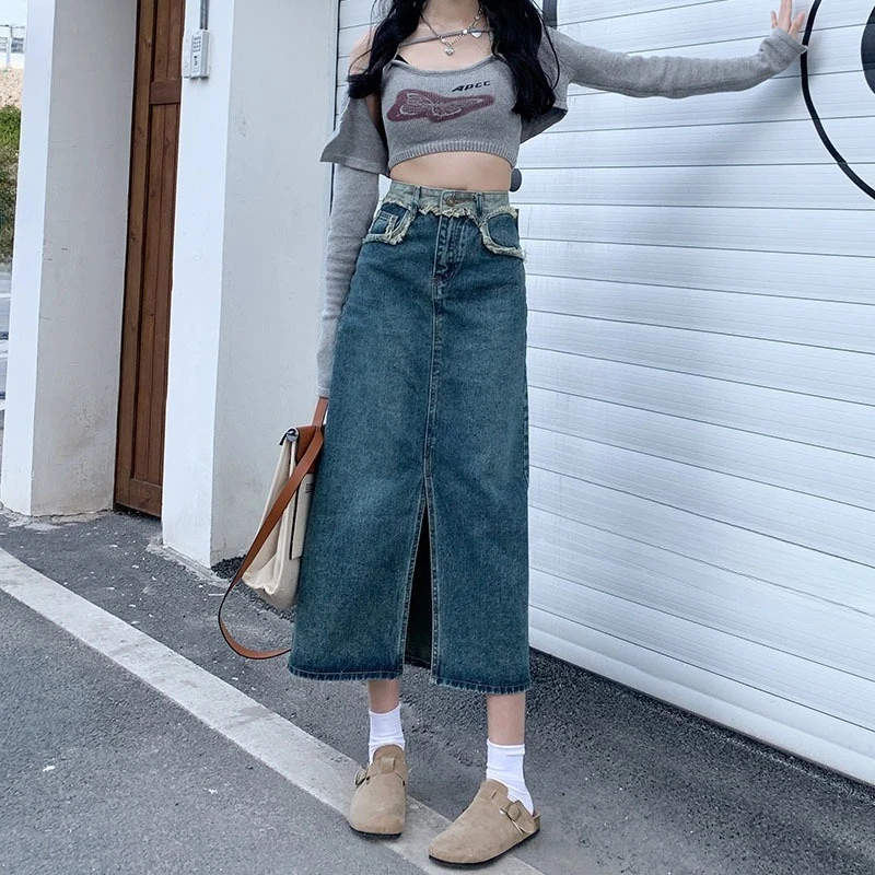 

Женская джинсовая юбка-миди с эффектом утяжки живота, облегающая, А-силуэт, с высокой талией, с боковым разрезом, стильная, новинка 2026 года