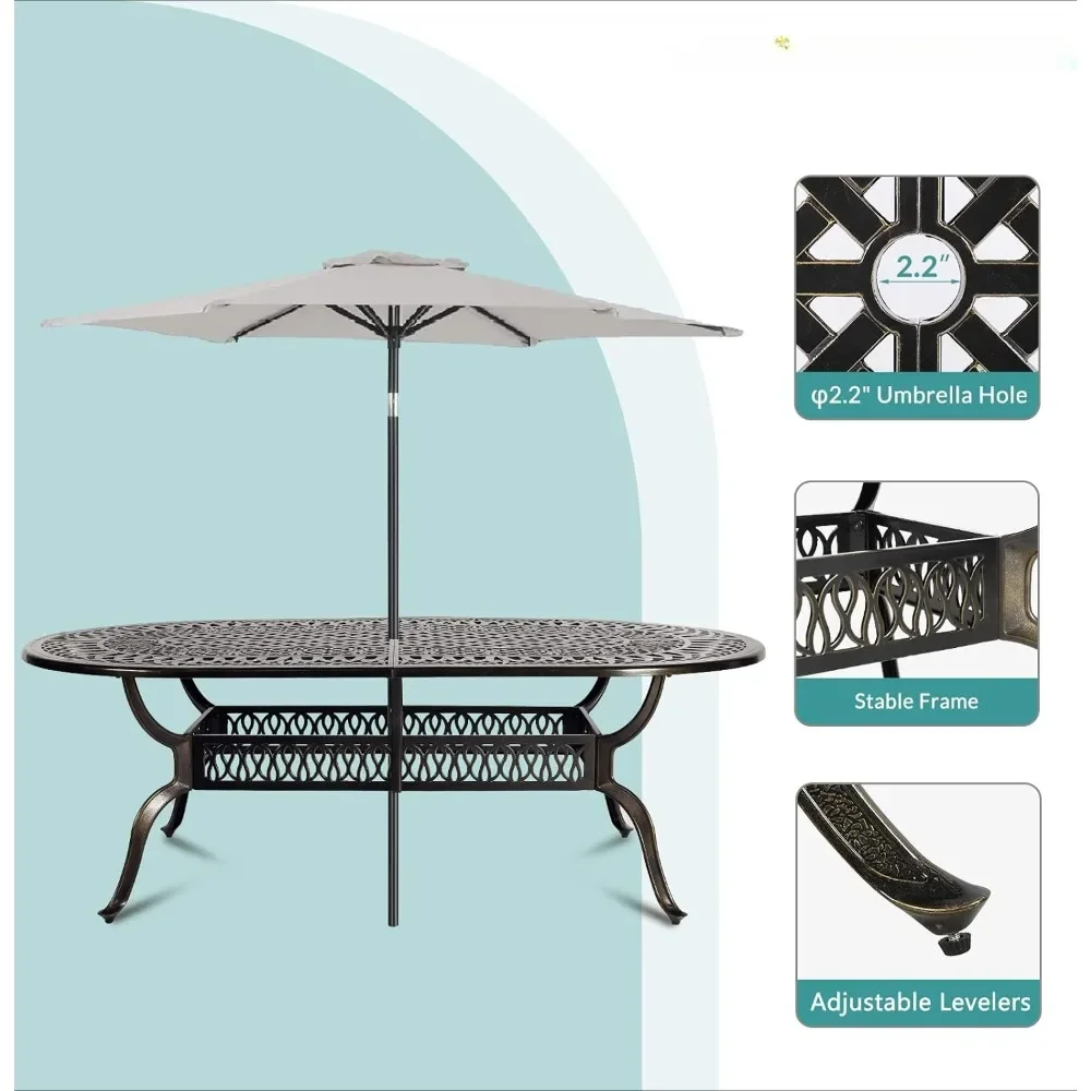 Ensemble de salle à manger en aluminium moulé par tous les temps, meubles d'extérieur, 8 chaises, 1 table nar, trou de parapluie de 2 po, ensemble de jardin, 9 pièces