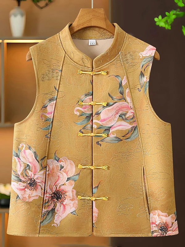 New Chinese Style Printed Vest Women's Stand Collar Button up National Fashion Backless Youthful Shoulder Pad Middle Age Momm...