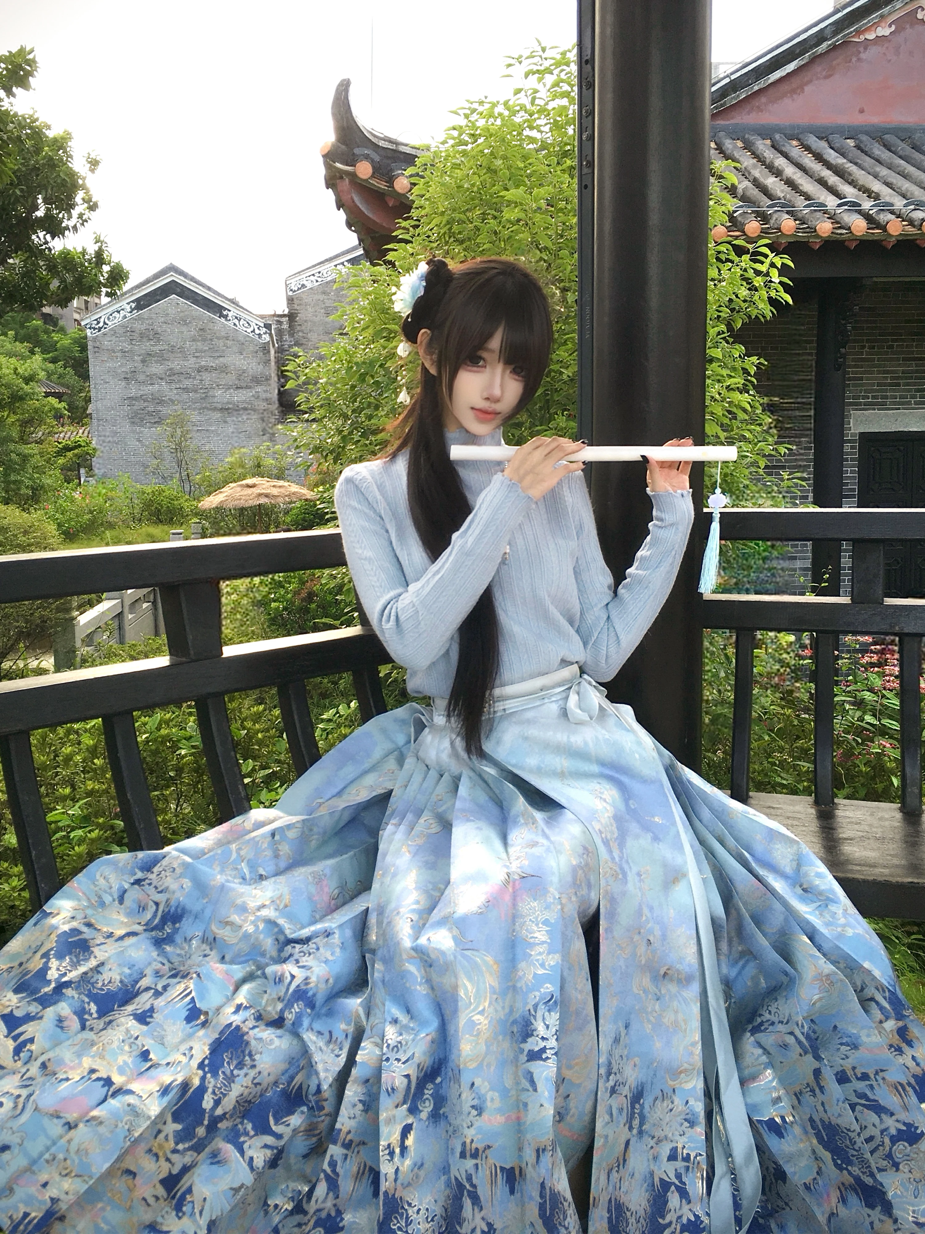 Original Hanfu Semi-skirt Ming Dynasty Style Floral Brocade Double Axis Weaving Process Blue Valley Fish Shadow Skirt