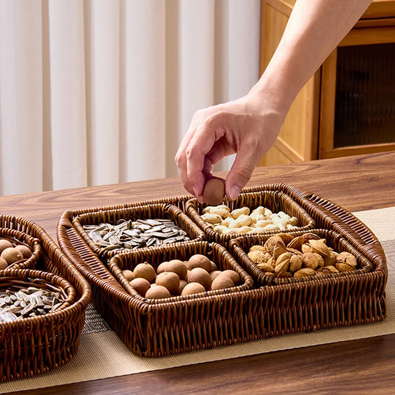 1 Set Dried Fruit Tray Divided Nut Candy Plate Engagement Tea Ceremony Snack Fruit Storage Dish Woven Food Serving Organizer