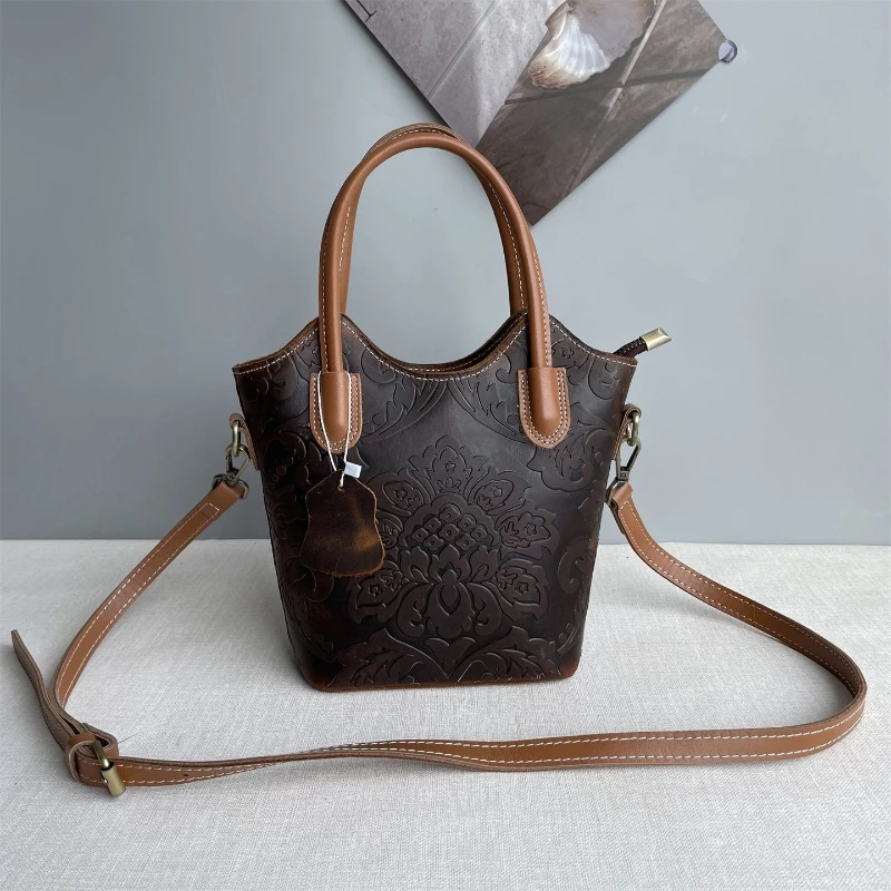 Embossed Leather Handbags Genuine Portable 2026 New Messenger Bag Bucket Handbag Cowhide One Shoulder Package Retro Women Pack