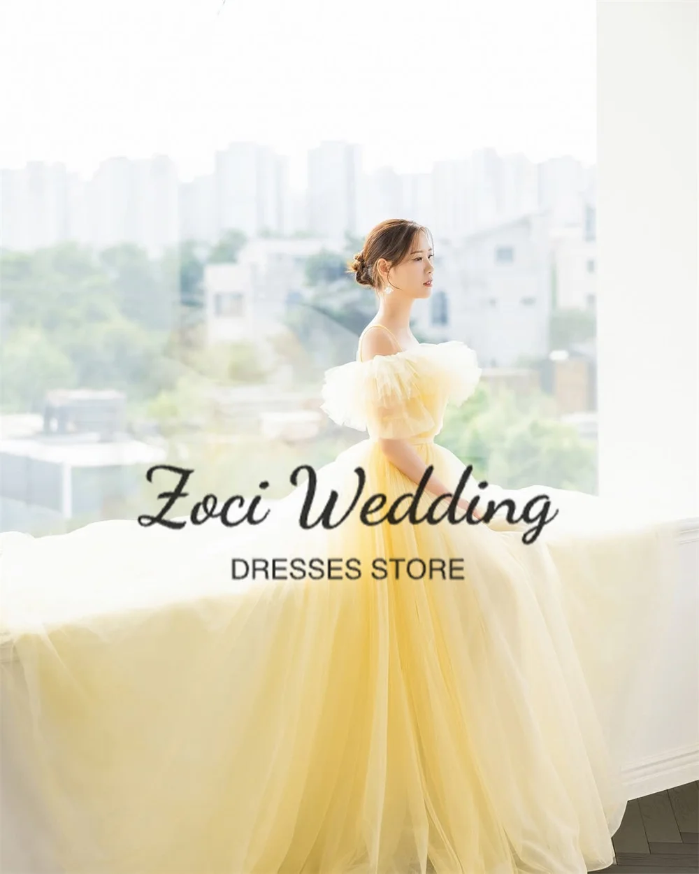 Zoci Fairy Light Yellow Korea Wedding Party Dresses Ruffles Strapless Bridal Gown Photos Shoot Garden Evening Dresses Customized
