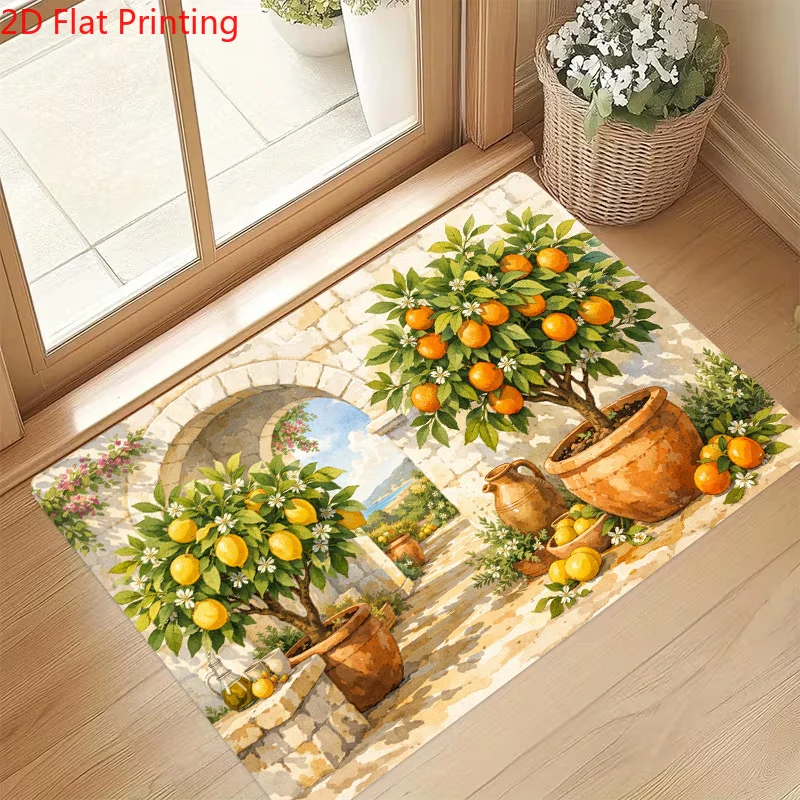 Mediterranean Citrus Orange Tree Area Rug Italian Garden Decor Rustic Tuscan Style Carpet Indoor Living Room Home Accent Rug