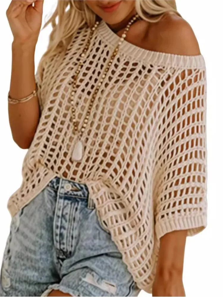 

Women's White Round Neck Shirt 2025 Summer Short Sleeve Sweatshirt Lace Crochet Hollow Out Tops Perspective Shirts For Women