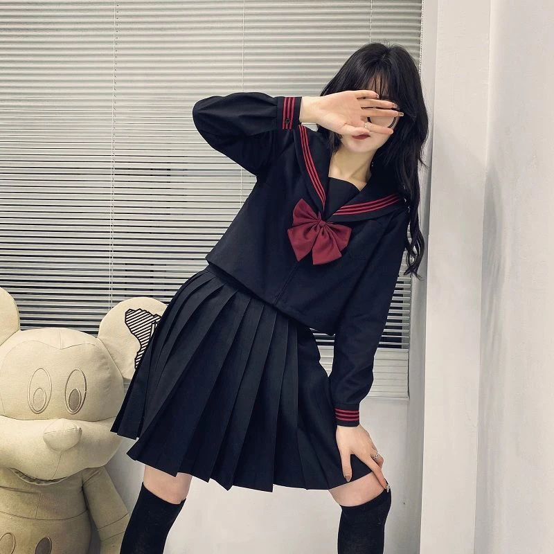 Japanese School Uniform Suit Sailor JK S-2XL Basic Cartoon Girl Navy Sailor Uniform Black Sets Navy Costume Women Girl Costume