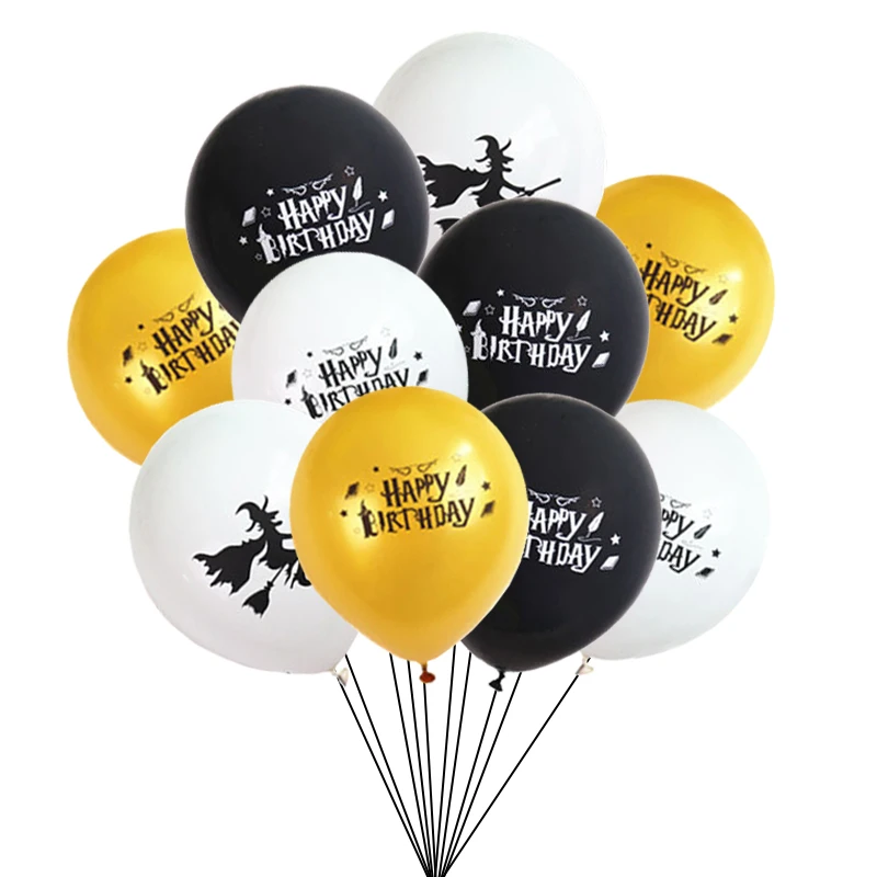 10pcs Happy Birthday Ballons 12 Inch Black/White/Golden Halloween Latex Balloon Ghost Witch Birth Balloon Set Party Decoration