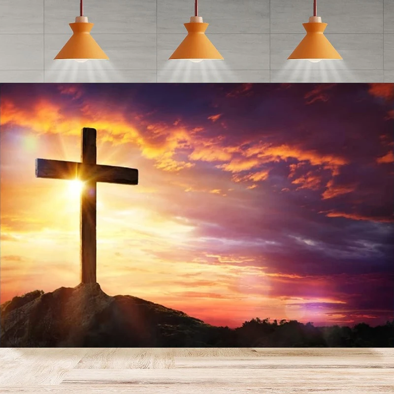 Cross Jesus Christ Sunset Photography Background Church Sepulcher Lord Pray Christian Christmas Easter Home Party Backdrop Wall