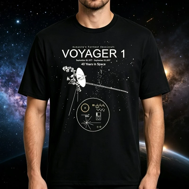 VOYAGER 1 40 Years In Space Spacecraft Graphic T-Shirt Modal Soft Crewneck Astronomy Science Front Print Tee