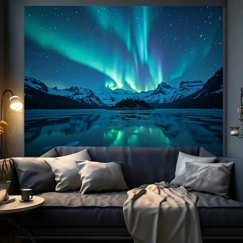 

IJL62Aurora Borealis Tapestry - Northern Lights Over Snowy Mountains and Lake for Home Decor and Aesthetic Enhancement4Th^