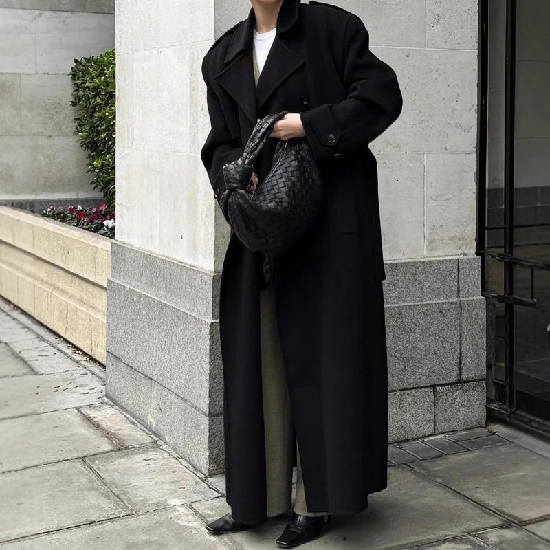 

2025 Autumn and Winter New Pure Color Elegant Lapel Long Waist-tie Woolen Coat for Women