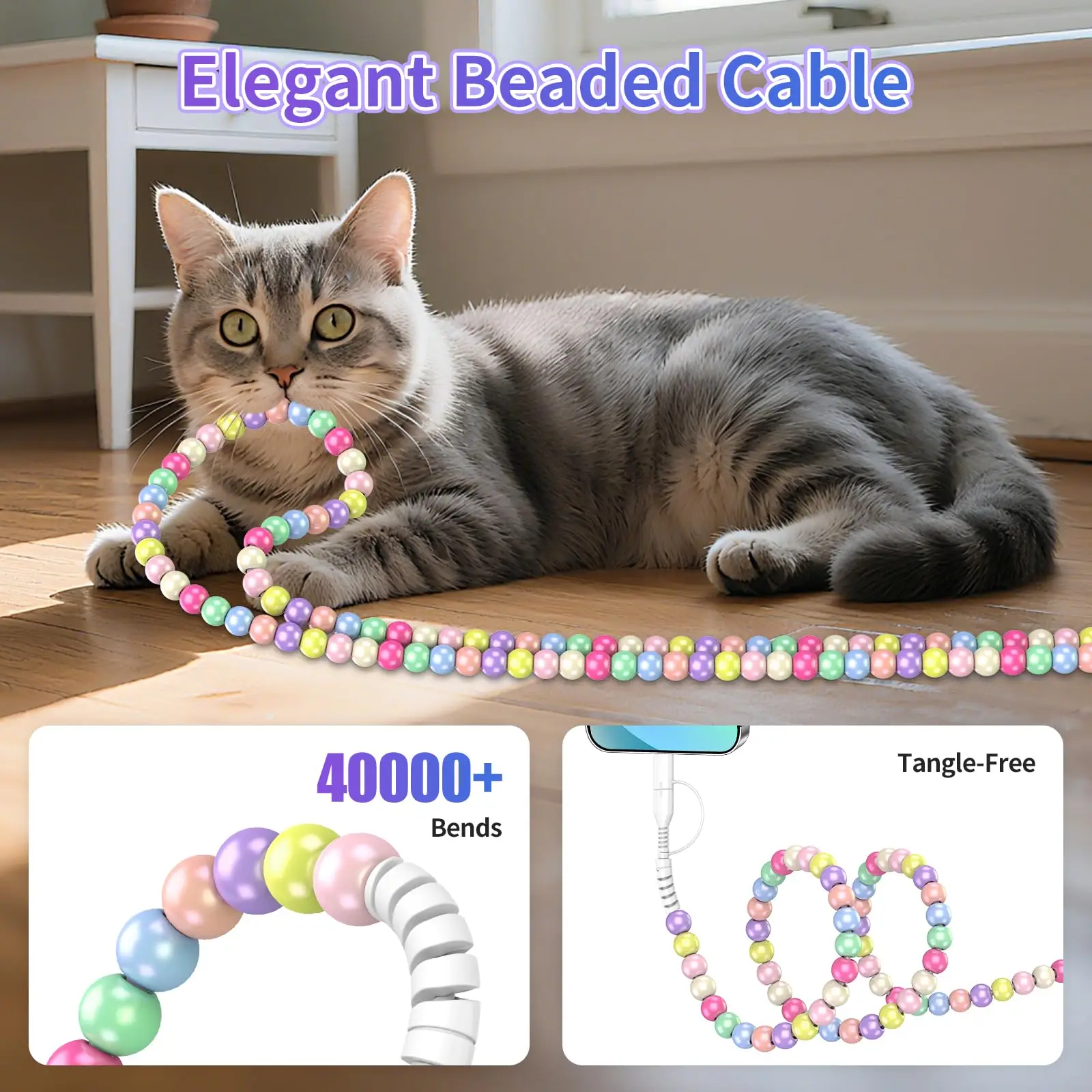 لطيف مطرز كابل شاحن الهاتف الحيوانات الأليفة لدغة حماية شواحن الهاتف 2 في 1 USB-A إلى USB-C إلى الهاتف شحن سريع كابل مزامنة البيانات #3