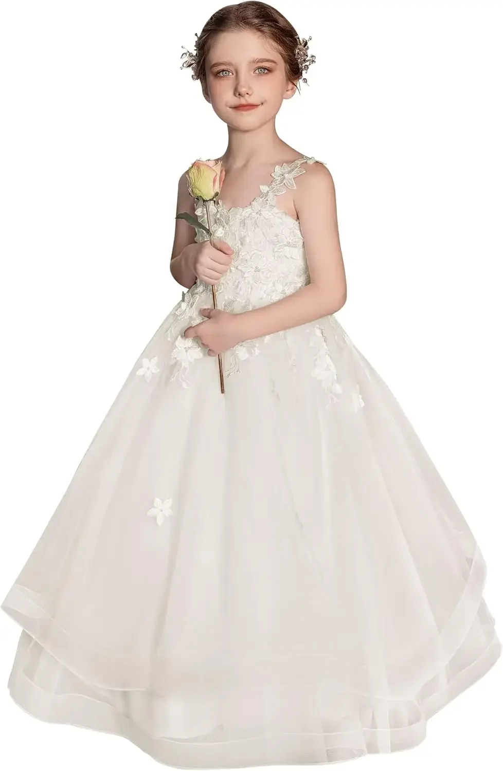 3D Flower Appliques Dress First Communion Dresses for Girls Tulle Flower Girl Dress for Wedding pageant dresses for girls