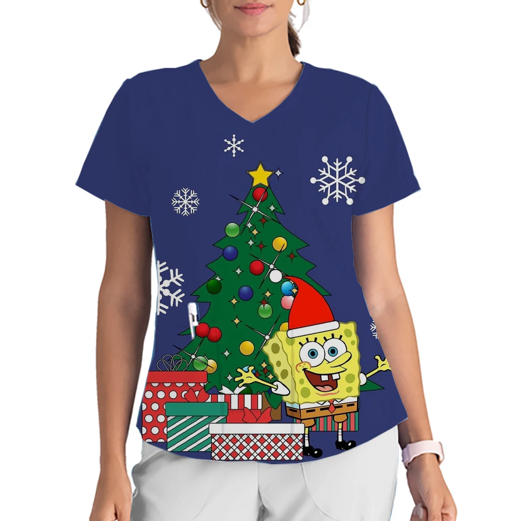 New Women's Work Uniform Printed SpongeBob Cartoon V-Neck Short Sleeve Scrub Top Dental Beauty Salon Commuter Clothing