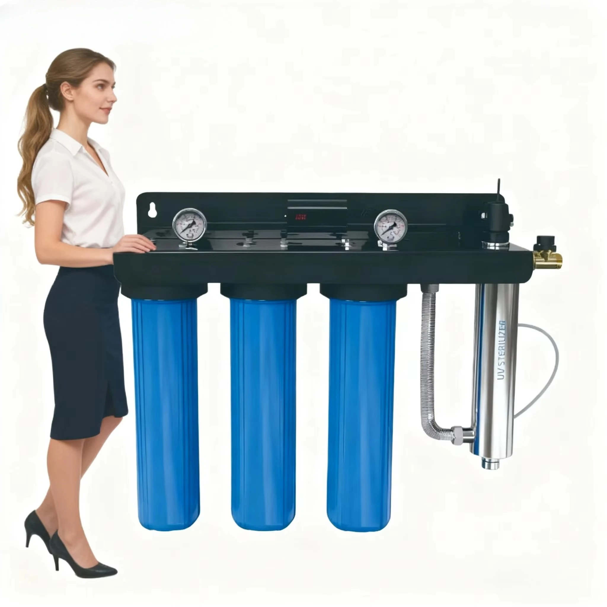 OEM 20 Inch PP+CTO+GAC+Ultraviolet Lamp 3 Triple Stages Whole House Water Filter with Black Hanging Board for Tap/well Water