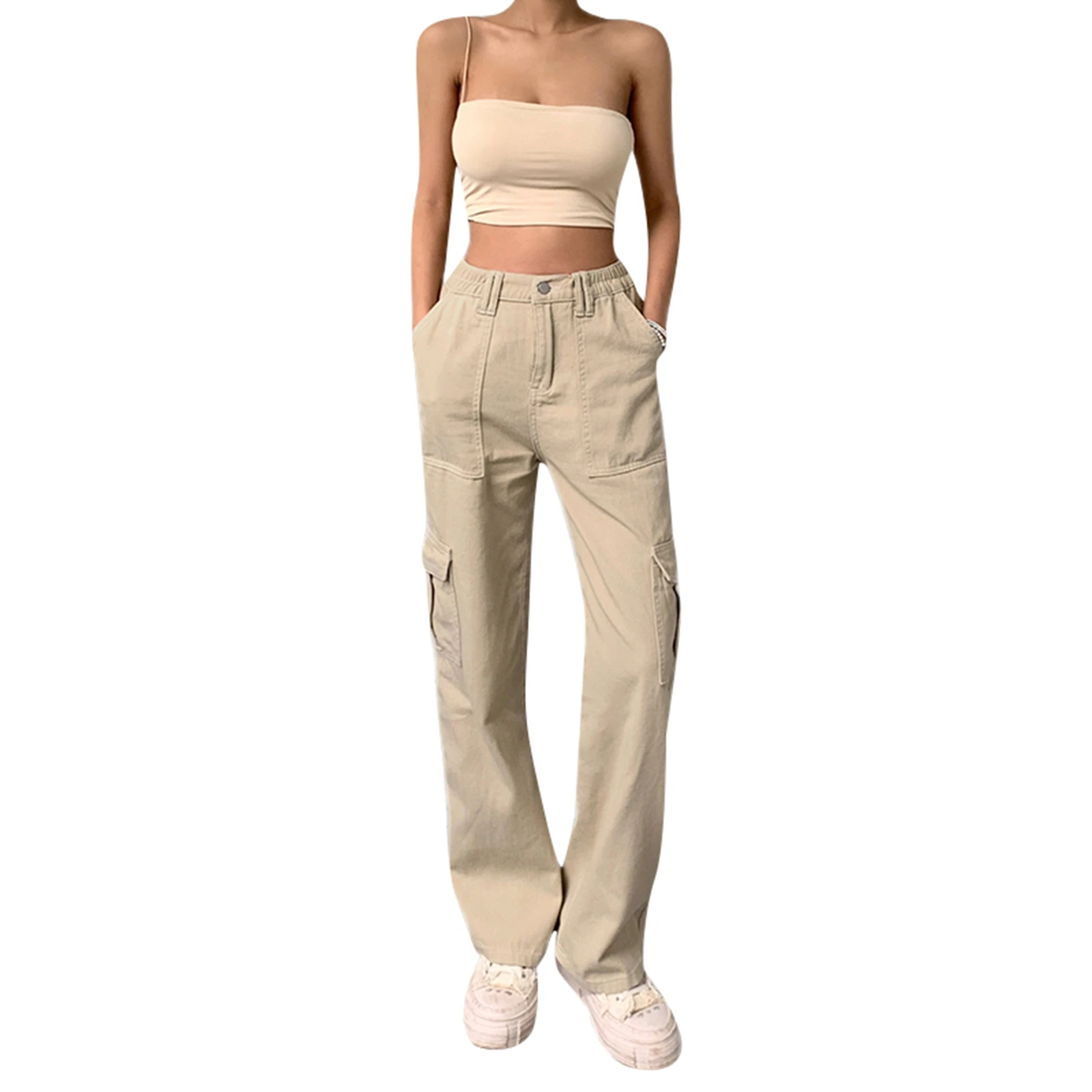 Women Solid Color Cargo Pants High Waist Straight-leg Buckle Jeans with Pockets Khaki/ Brown