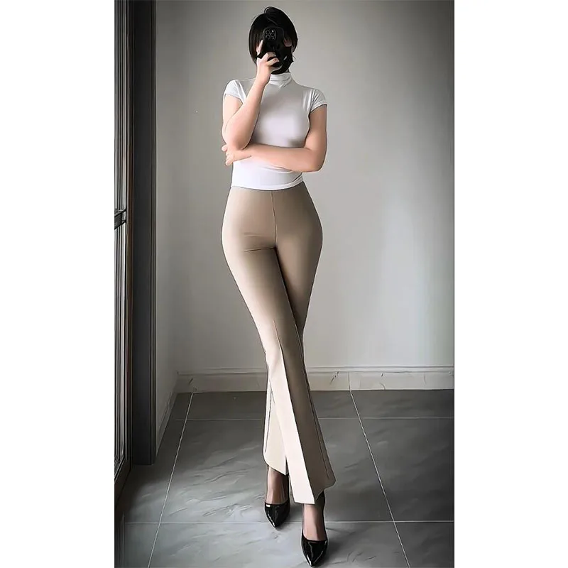 레트로 하이웨이스트 슬림핏 플레어 캐주얼 팬츠 여성 여름 2024 신상 심플 만능 롱 팬츠 한국 스타일 출퇴근용