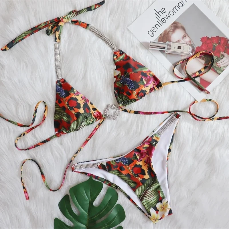 

Sexy lace-up swimwear luxury rhinestone bikini tropical flower swimsuit