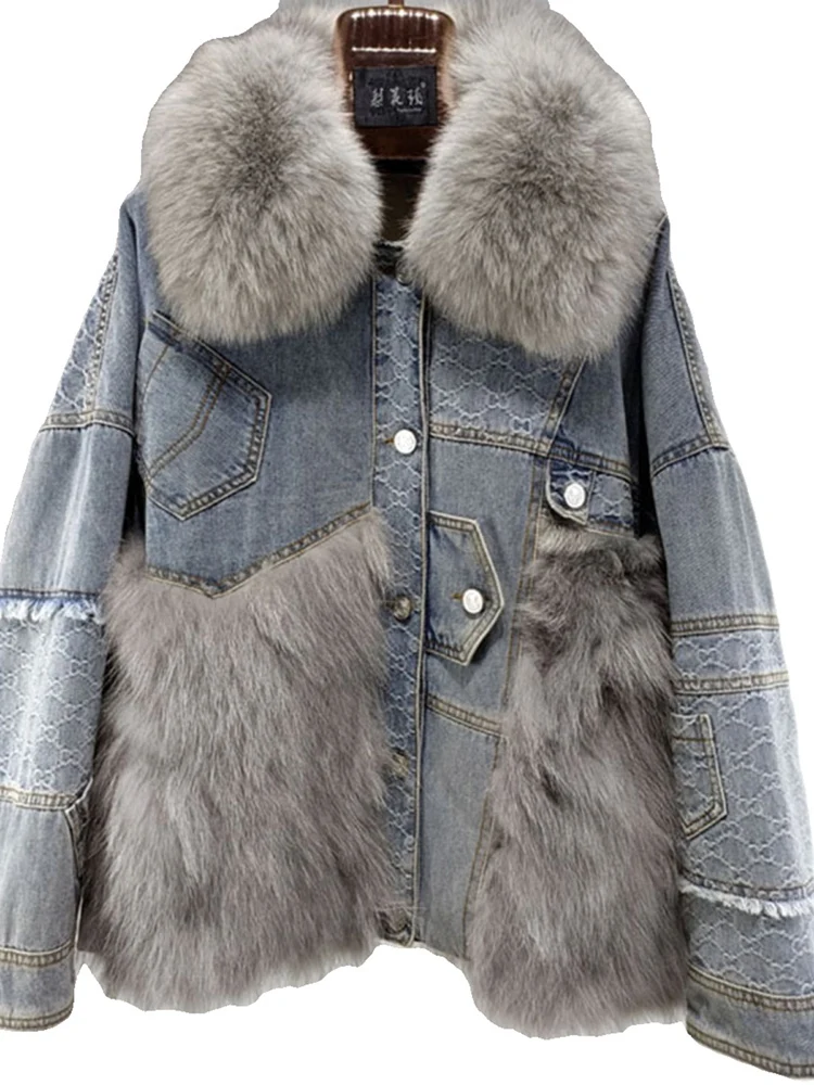 BZVW White Duck Down Denim Fox Fur Patchwork Coats Women\'s 2024 Winter New Lapel Single Breasted Contrast Color Coats 25Z1191