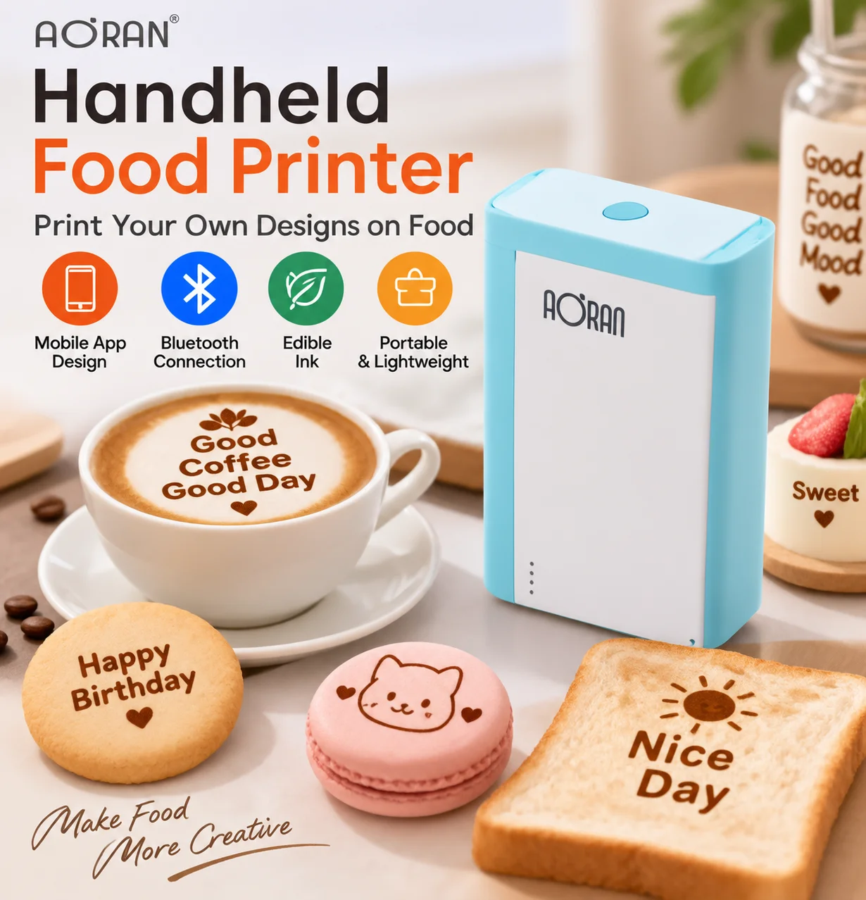AORAN Portable Coffee Art Printer Handheld Food Decoration Machine for Latte Cake Cookie Chocolate Creative Design