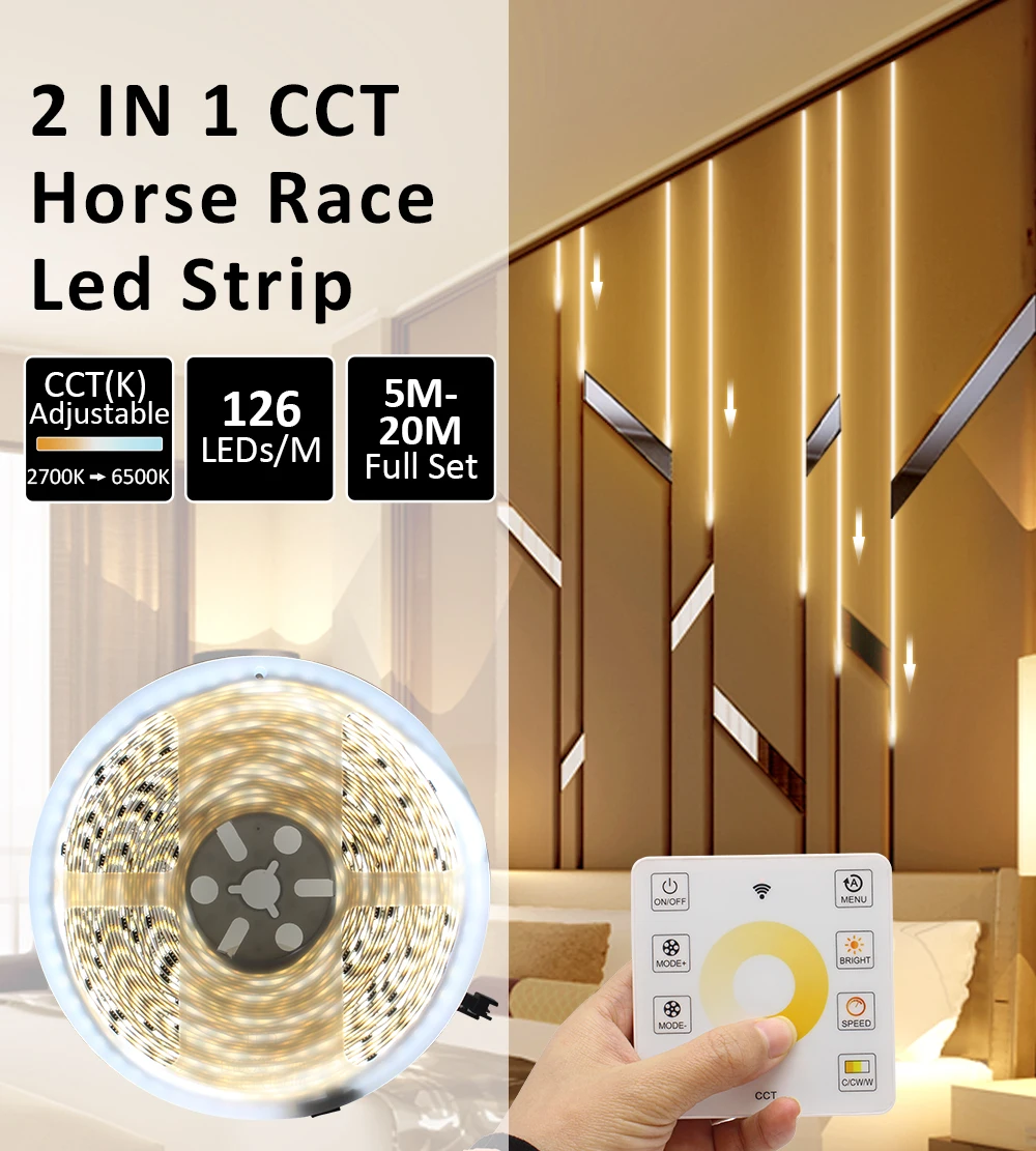 SMD2835 Water Flowing LED Strip Light DC 24V 10M Flex Ribbon Horse Race Chasing Effect 126 Diode CCT Liner Lamp with Touch Panel