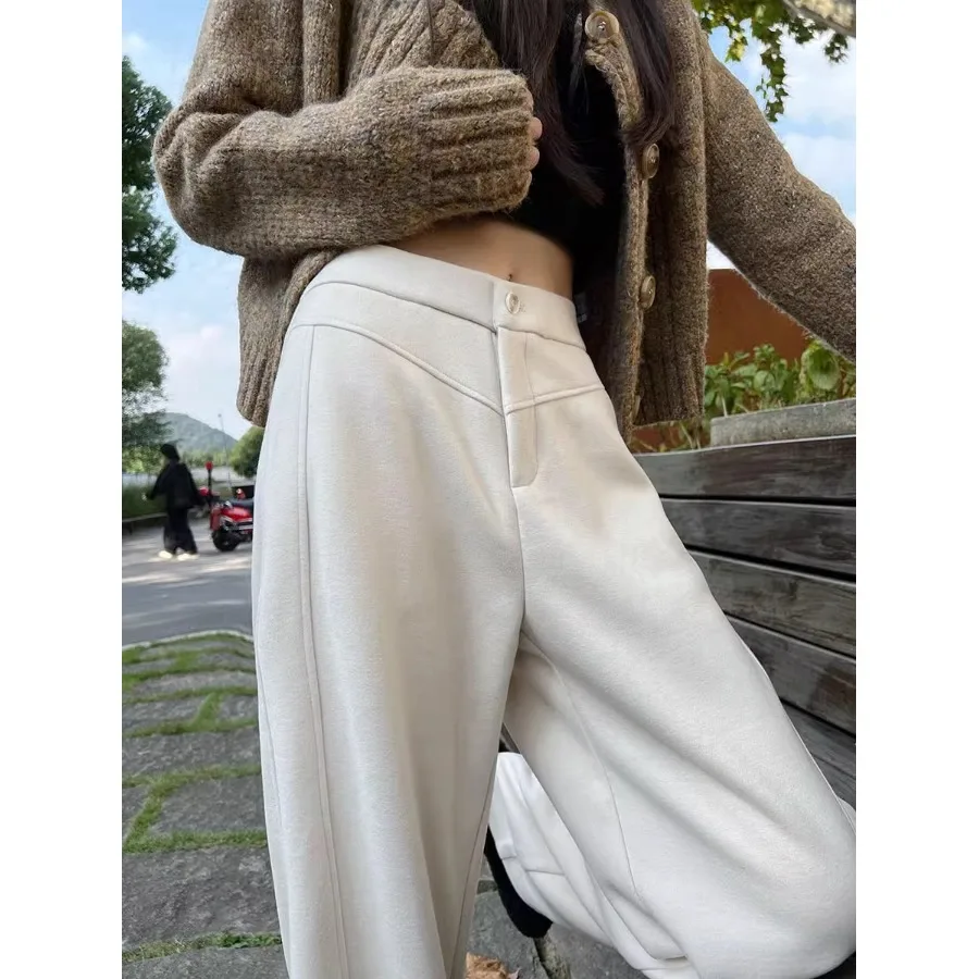 Calças Femininas de Perna Reta e Larga, de Lã, Cintura Alta, Compridas, Casuais, Outono Inverno, Estilo Coreano