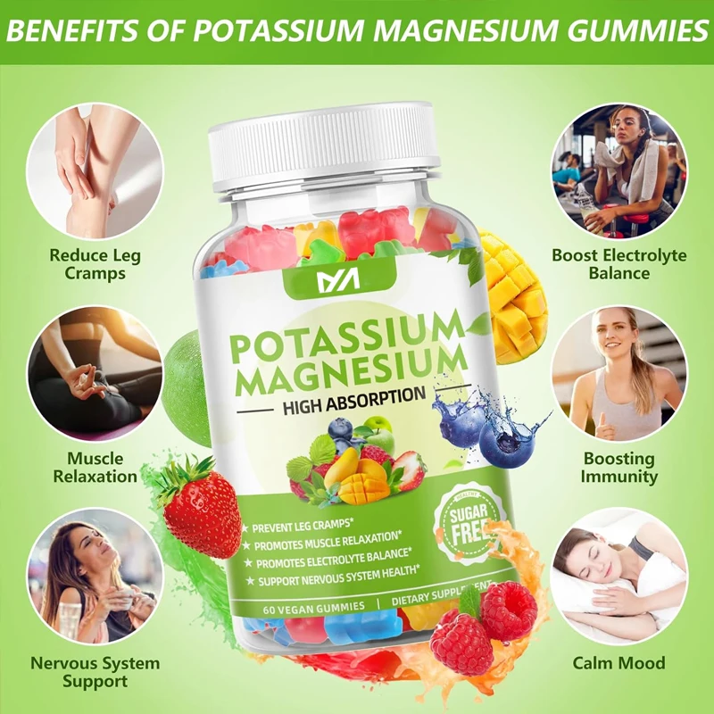 

Adult and child potassium magnesium supplement gummies, potassium gummies support leg spasms and muscle and immune health