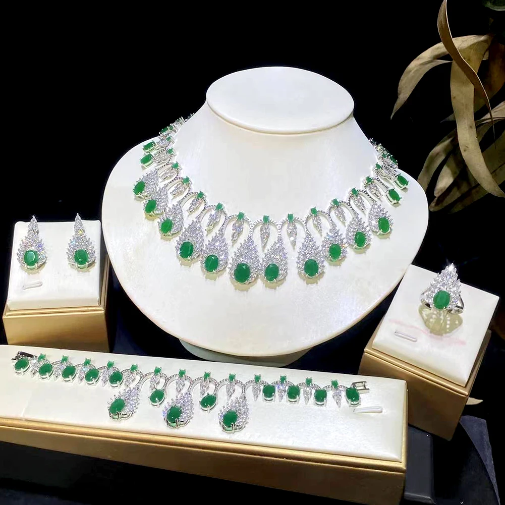 ASNORA-Nigerian Dubai Bridal 4 PCS Big Jewelry Set, luxury Green Color CZ Water Drop Necklace For Women wedding Prom Accessories