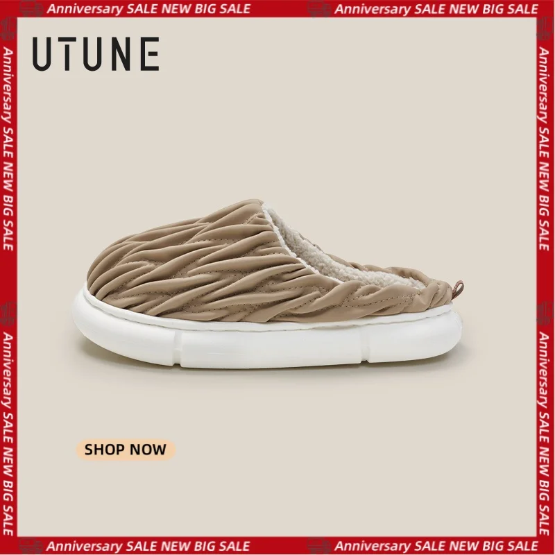 

UTUNE Men's High-Quality PU Quilted Slip-On Slippers Antibacterial Cotton Lining Comfortable & Warm Durable Non-Slip Sole