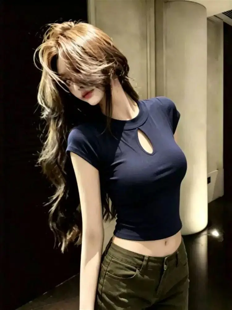 Sexy Hollow out Short Sleeve T-Shirt Women's Summer Slim Fit Crop Top Slimming Small Size round Neck Pullover Casual Top