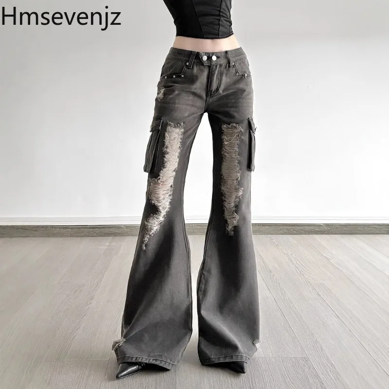 

Hmsevenjz American Vintage Worn-out Design Jeans Women's Spring and Autumn Hot Girl Casual Low Waisted Long Pants Female Clothes