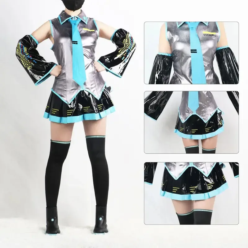 Miku Cosplay Komplettset Silbergrau Lackleder Stoff Anzug Miku Cosplay Schuhe Kopfbedeckung Kostüm Outfit JK Uniform Cosplay