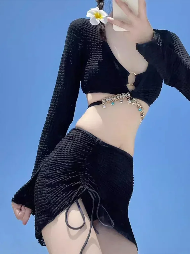

Sexy Solid Hottie Bikini Skirt 4 Piece Set Women Split Swimsuit High Waist Beach Skirt 2025 New Summer Slim Swimwear Bikini Set