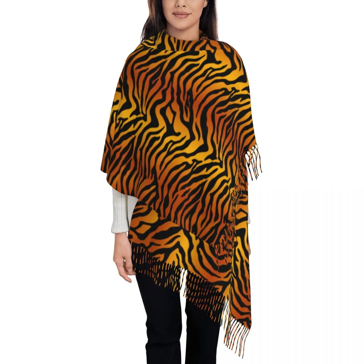 Women's Scarf with Tassel Cat Tiger Stripe Exotic Animal Print Large Winter Warm Shawl and Wrap Daily Wear Cashmere Scarf