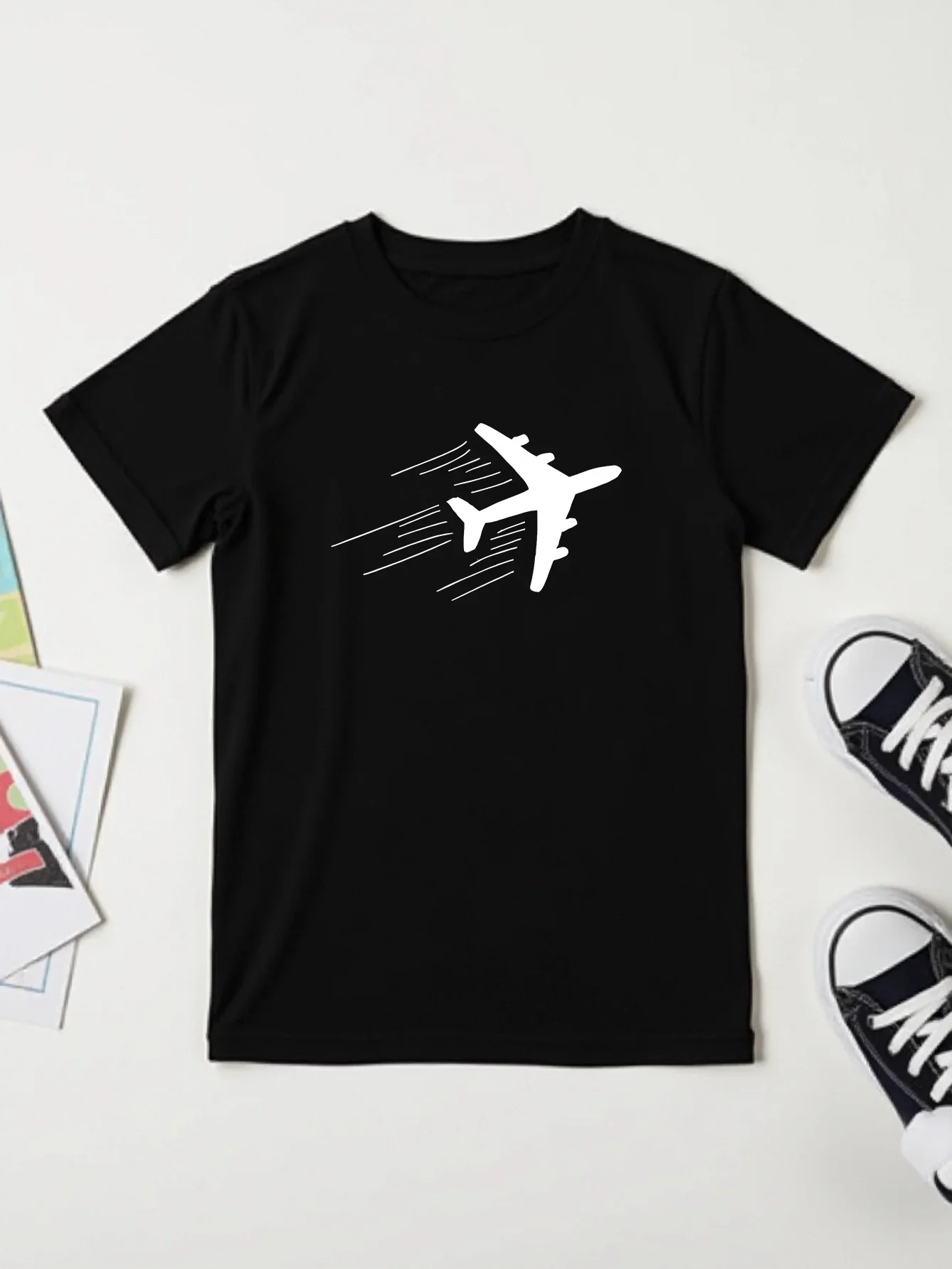Minimalist Flying Jet Plane With Motion Lines Print Short Sleeve T Shirt Red Aircraft Pattern Children Casual  Top