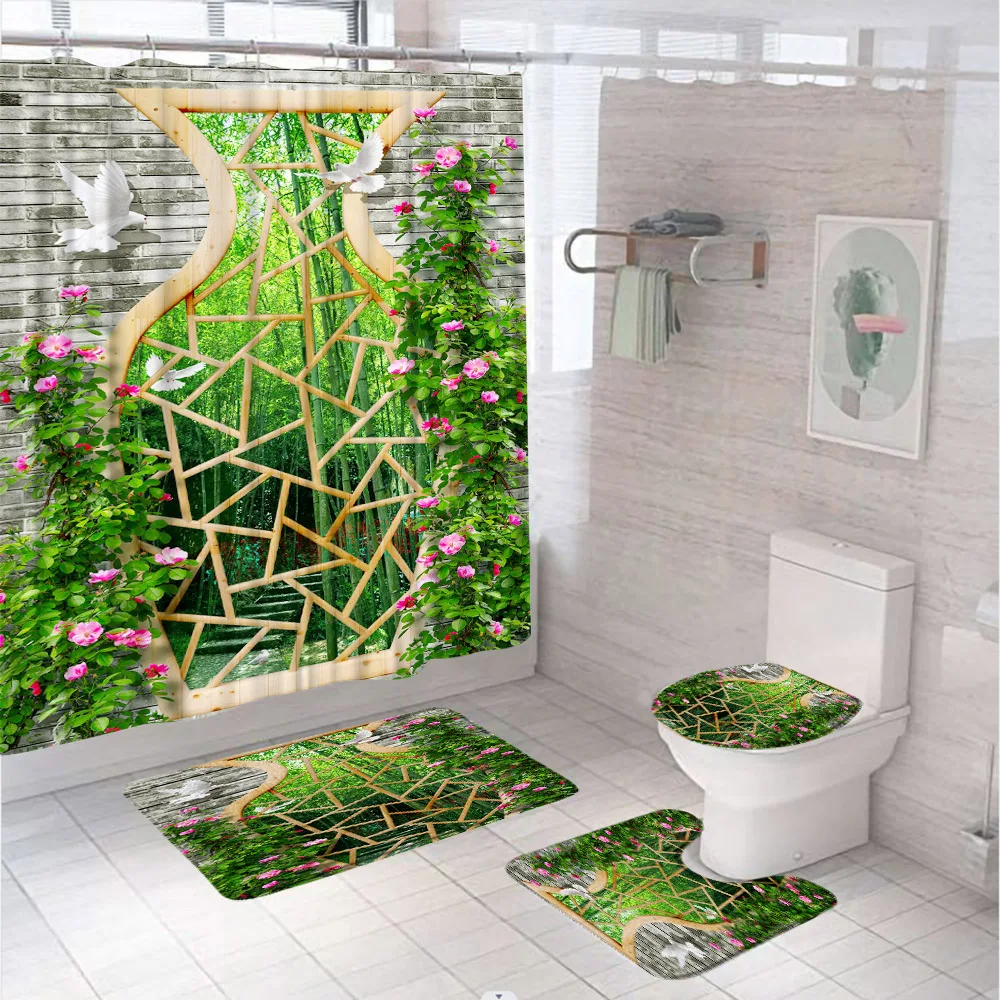 

Garden Landscape Shower Curtain Set 3D Wall Brick Flower Vine Bamboo Bird Scenery Bathroom Screen With Bath Mat Rug Toilet Cover