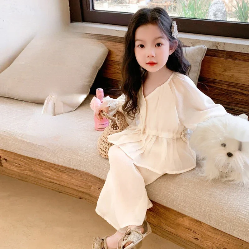 

Детские комплекты для девочек, летняя новая детская модная рубашка, праздничный стиль, широкие брюки, комплект из двух предметов, однотонные, 2025 г., простые, милые