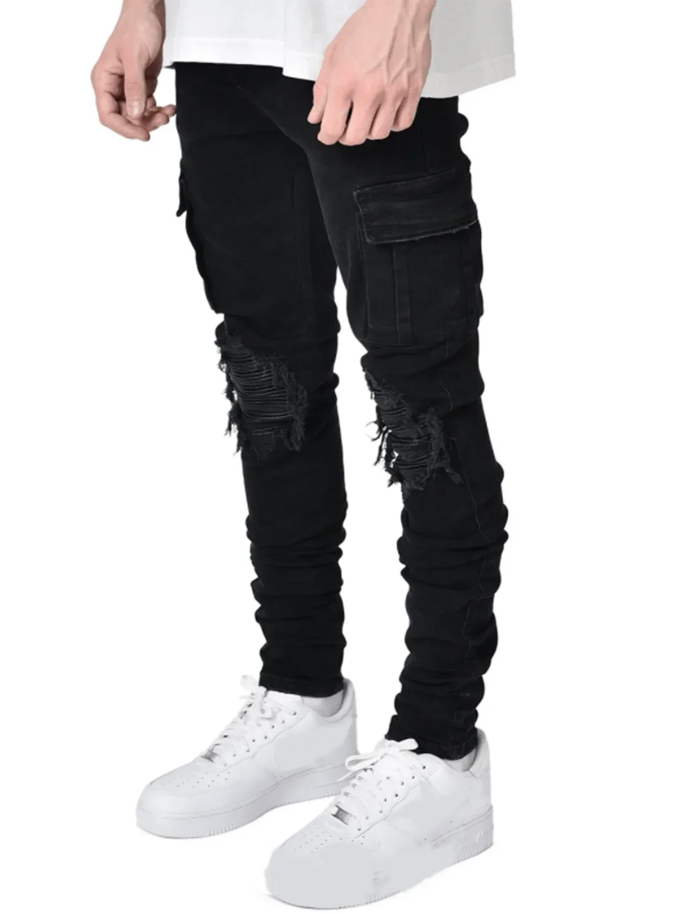 New Denim Mens Pants with Holes Trendy Black Slim Fit Denim Small Leg Jeans for Men